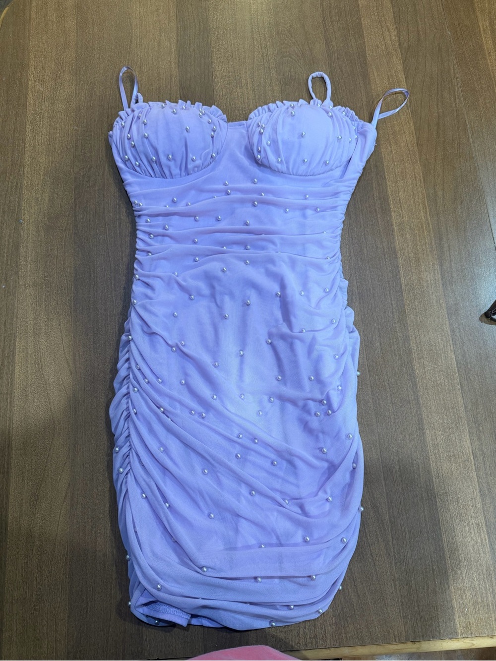 Windsor Lilac Pearl-Embellished Ruched Mini Dress
